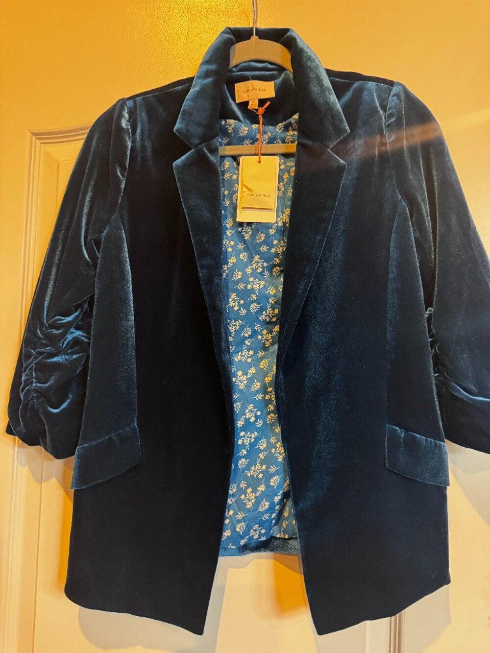 NWT Skies Are Blue Teal Velvet Ruched Sleeve Blazer XS Floral Lined